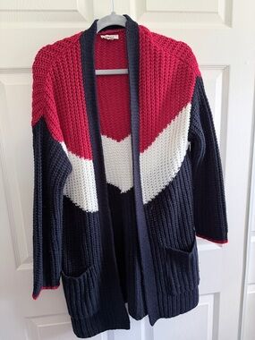 Garage Colorblock Open-Front Cardigan - Red, White & Navy